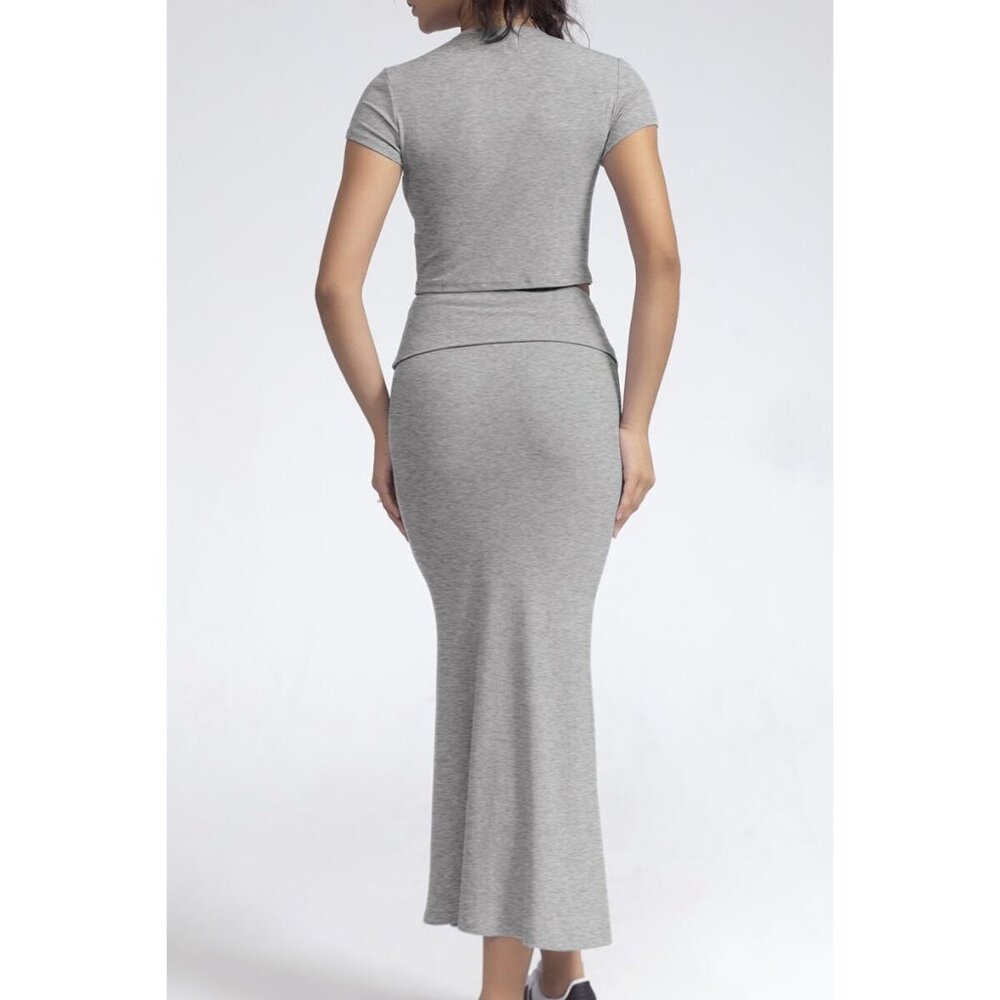 Women's Grey Two Piece Sets Sleeve Crewneck Cropped Bodycon Outfit Maxi Skirt - Picture 5 of 6